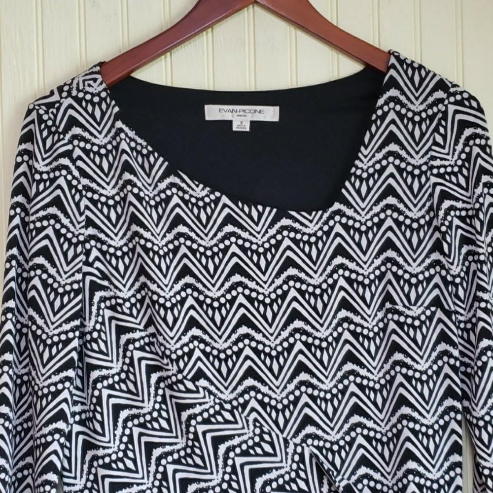 Evan Picone Dress Womens 8 Black Chevron 3/4 Sleeve Scoop Neck Belted Wrap Knee‎